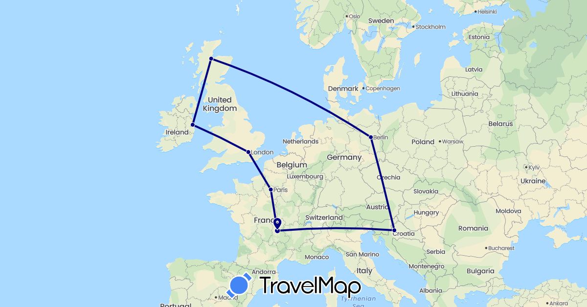 TravelMap itinerary: driving in Germany, France, United Kingdom, Croatia, Ireland (Europe)